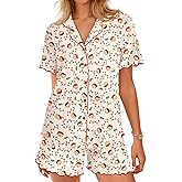 Ekouaer Button Up Pajamas Set for Women Short Sleeve Ribbed Knit Sleepwear 2 Piece Pjs Shorts Set