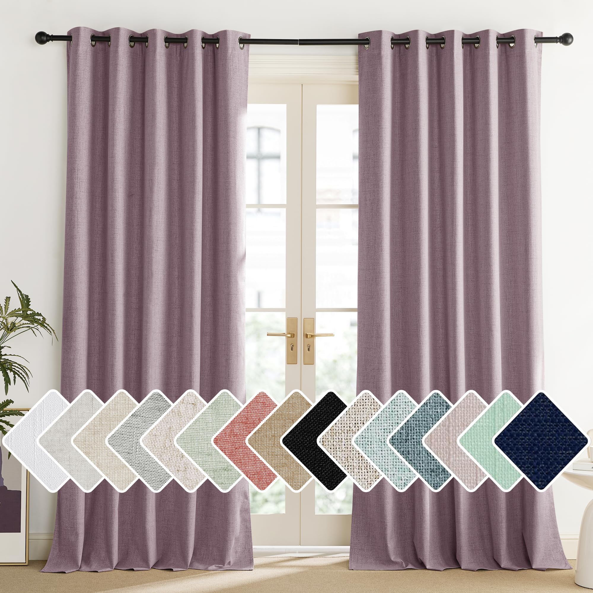 NICETOWN Chaise Mauve Vintage Linen 100% Blackout Curtains for Living Room, Thermal Insulated Curtains 90" Long, Noise Reducing Window Treatment Drapes for Home Office, 62" Wide Per Panel, Set of 2 Image