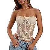 SOLY HUX Women's Lace Strapless Tube Top Mesh See Through Bandeau Corset Party Club Crop Tops