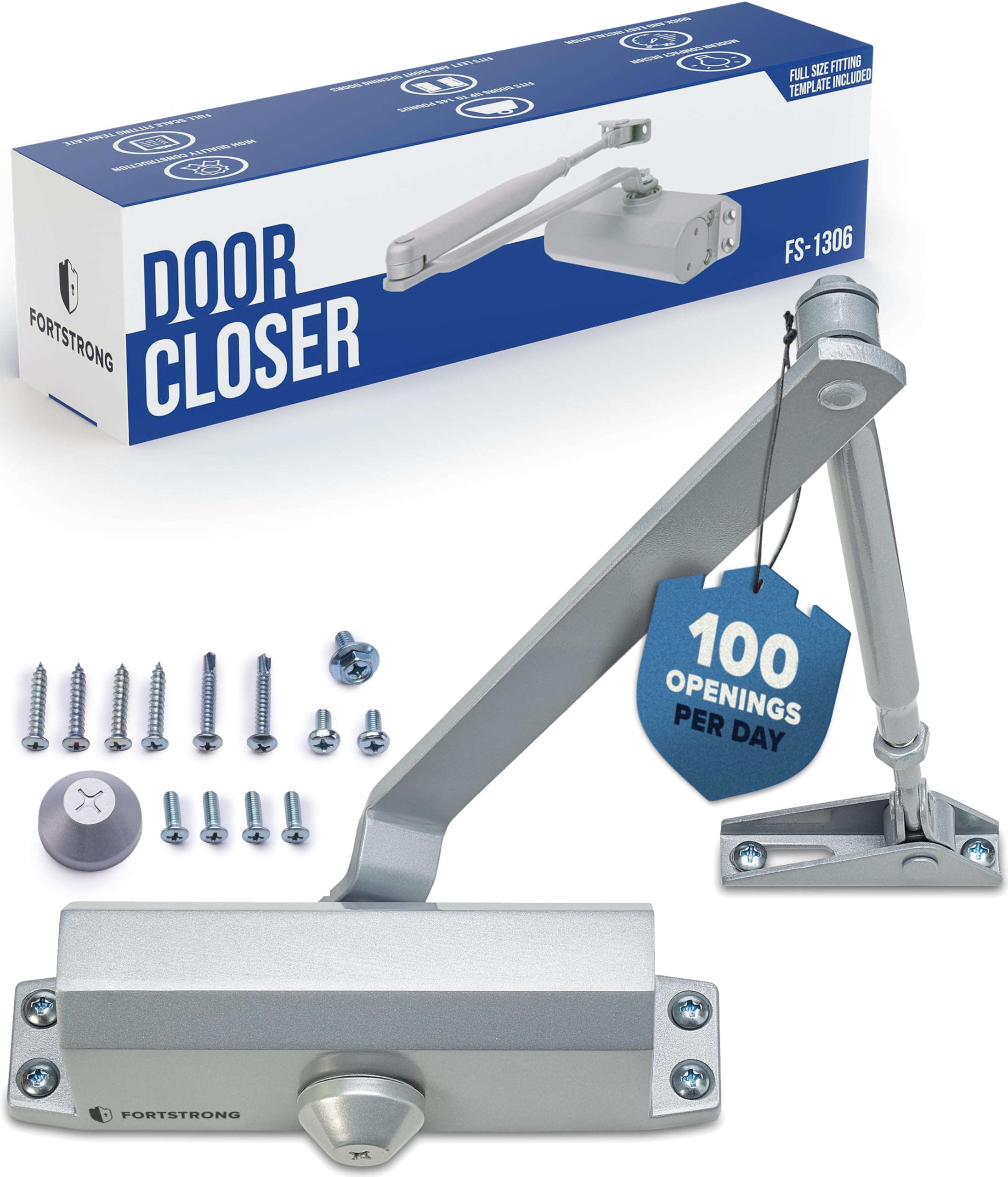 Door Closer FS-1306 Automatic Adjustable Closers Grade 3 Spring Hydraulic Auto Door-Closer with Easy Installation Life Size Fitting Template & Instructions Silver Aluminium