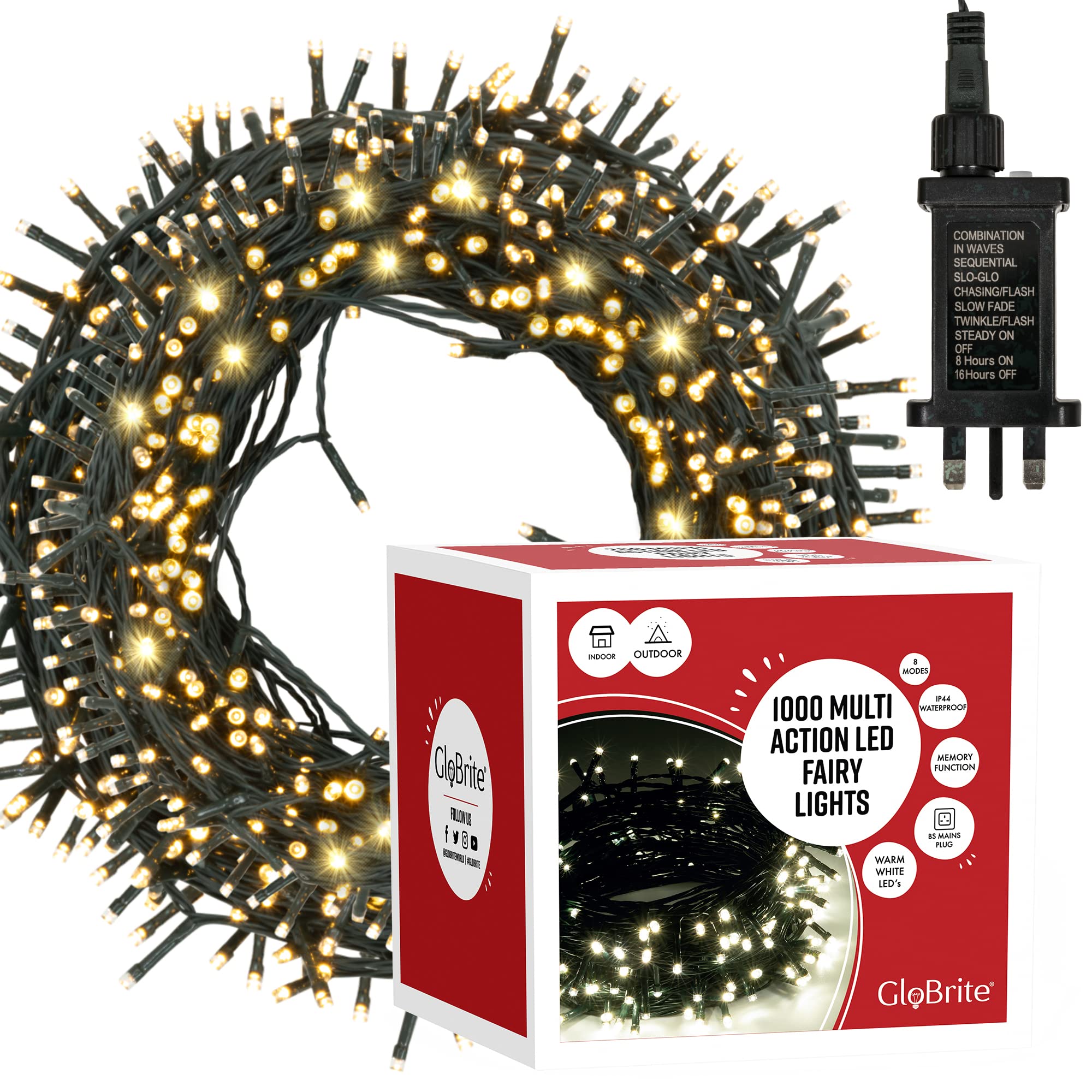 GloBrite Fairy Lights 1000 LED - Christmas Lights with 8 Modes Function for Christmas Tree Outdoor Lights Christmas Lights Garden Lights Christmas Tree Decorations - White