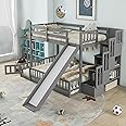 Mirightone Twin Over Full Bunk Bed with Storage Stairs and Slide, Multifunction Wood Floor Bunk Bed with Safety Fence Guardrails and Door Design on Bottom Bed for Kids Girls Boys,Grey