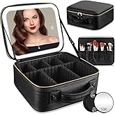 RRtide Travel Makeup Bag with Mirror of LED Lighted, Makeup Train Case with Adjustable Dividers, Makeup Case with Mirror and Detachable 10x Magnifying Mirror