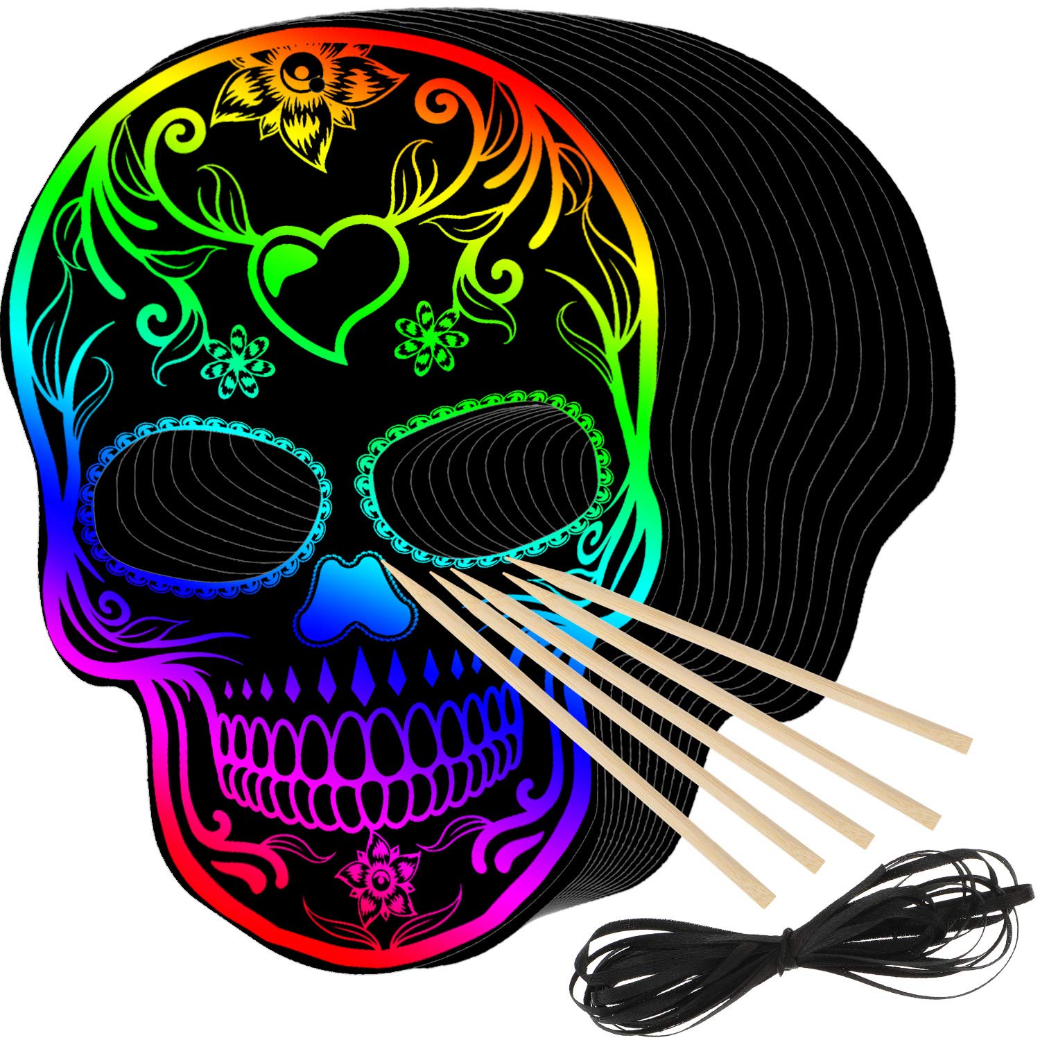 Photo 1 of (Large) 23 Halloween Scratch Paper Kit Include 12 Day of The Dead Scratch Paper 9.8 x 6.9 Inch Art Hanging Decor 10 Bamboo Stick and Rope for Craft Halloween Decor Skull Graffiti Reveal Rainbow Color