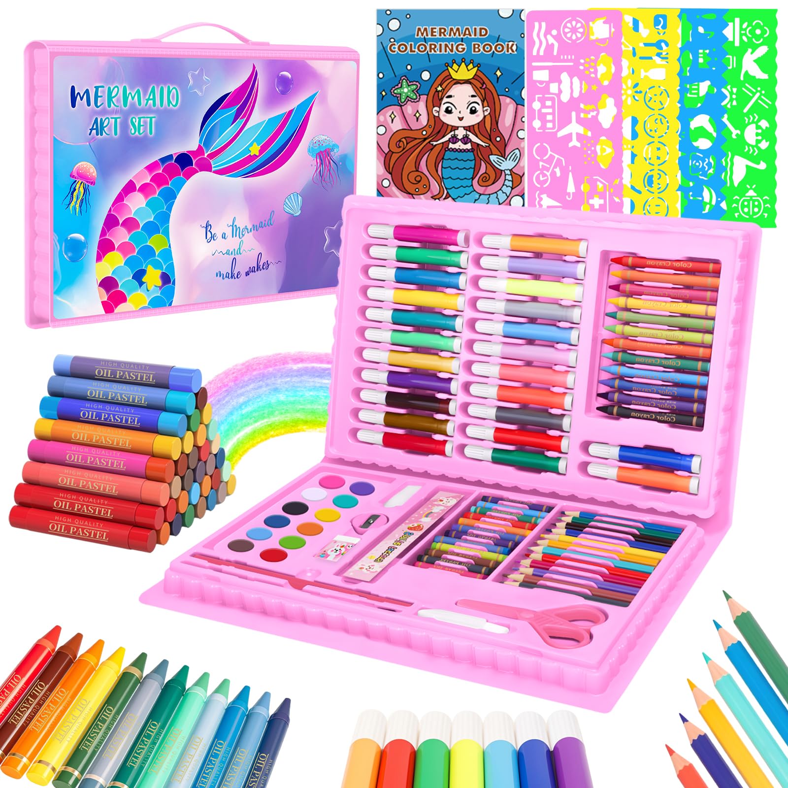 CutteeyFyry Colouring Sets for Children Age 3-9,Mermaid Art Set for Kids, Girls Drawing Set with Oil Pastels, Crayons, Colored Pencils,Coloring Book,Kids Colouring Sets&Arts and Crafts for Kid