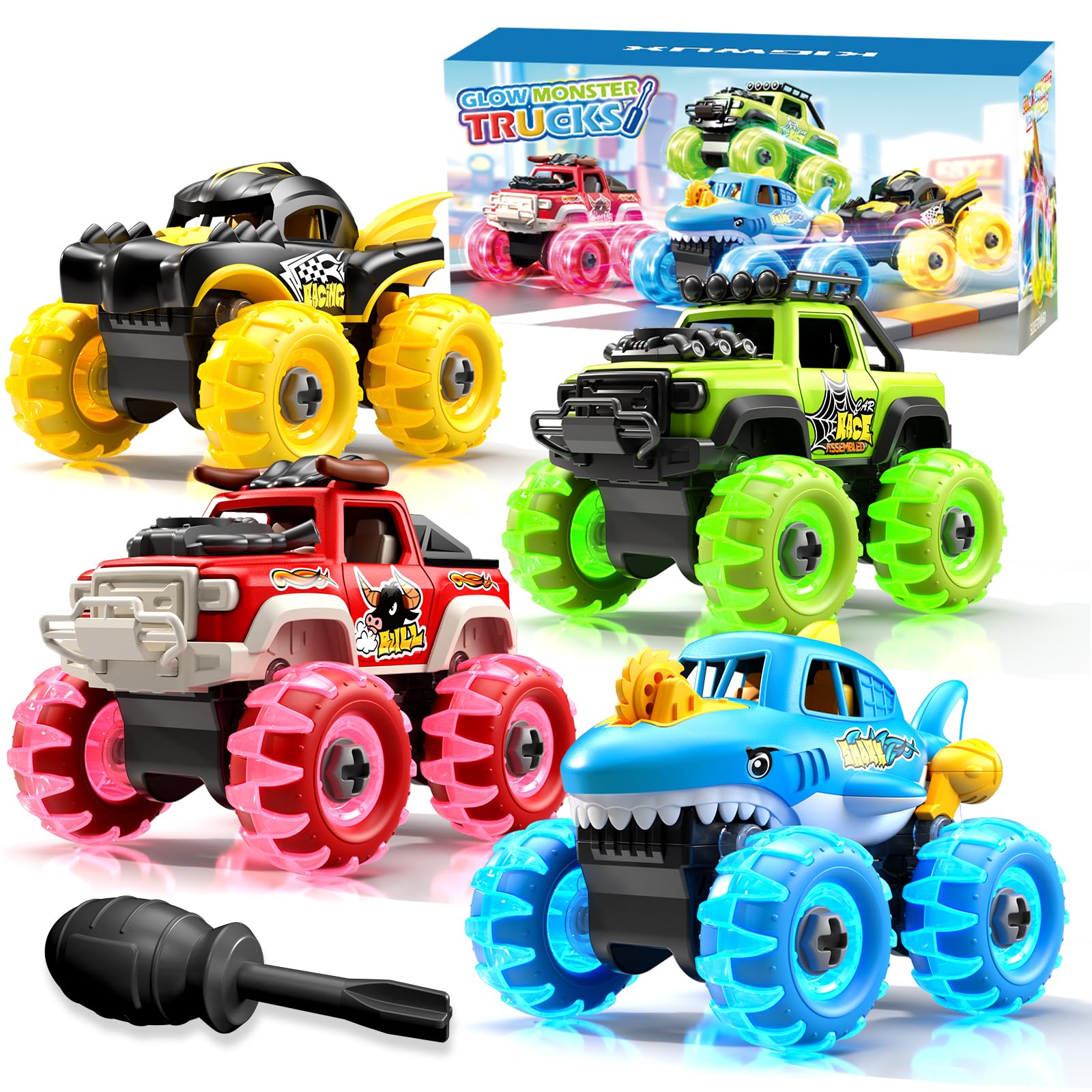 Photo 1 of Kigwux 4 Pack Monster Truck Toys for 2 3 4 5 6 7 Year Boys, Light-Up Car Toys with Light-Up Wheels, Take Apart Toys Trucks for Toddler Toys 2-3, Birthday for Toddler Boys Ages 2-4