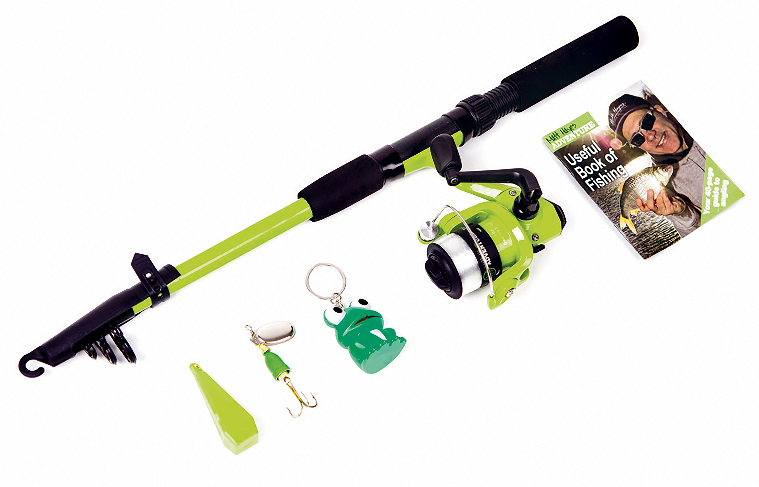 Matt Hayes Adventure (1.8m/6ft) KIDS FROGGA Fish4Fun Telescopic Rod/Matching Reel/Line Weight and Spinning Lure/Key Ring and Guide Book Fishing Combo - Ideal set for young kids [99-6039659]