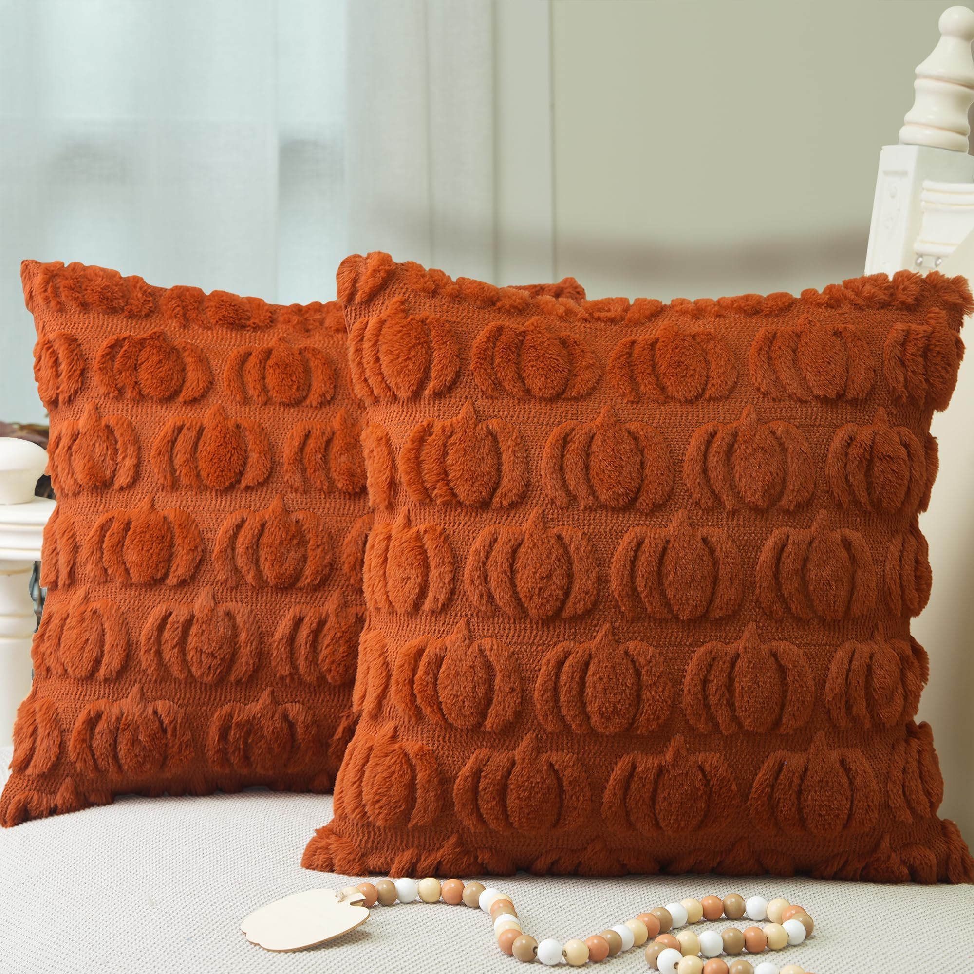 Photo 1 of GEEORY Fall Pumpkin Throw Pillow Covers 20x20 Inch Set of 2, Autumn Soft Plush Faux Fur Wool Decorative Farmhouse Holiday Cushion Case for Home Decoration (Rust) GC001-20