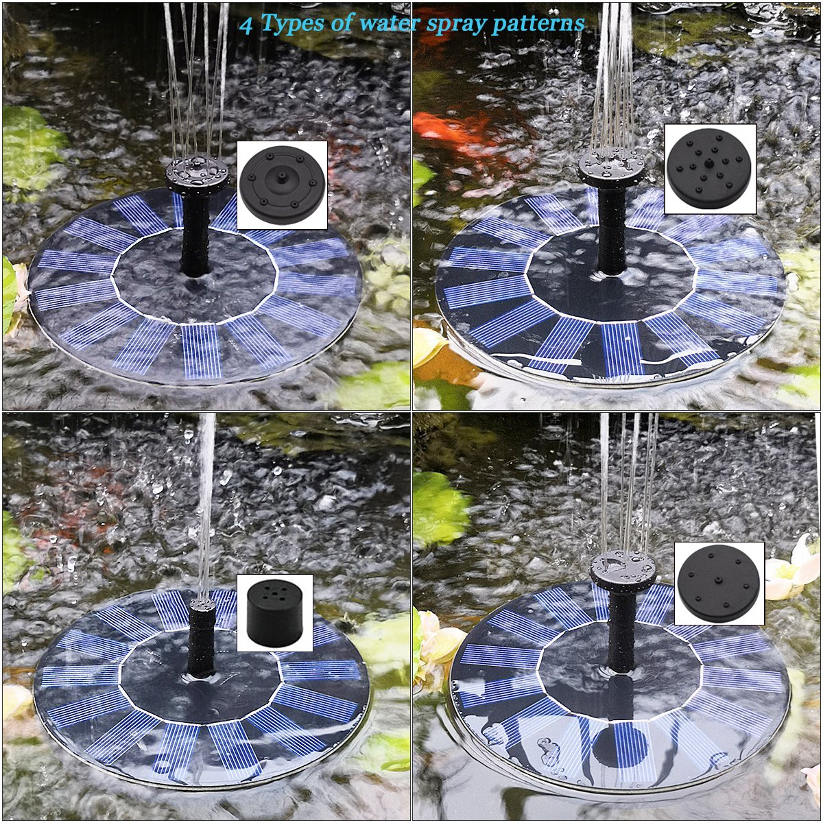 LATITOP Solar Water Fountain Pump Floating Solar Panel with 4 Spray Heads for Different Water Flows, Perfect for Bird Bath, Small Pond and Fish Tank (1.4W)