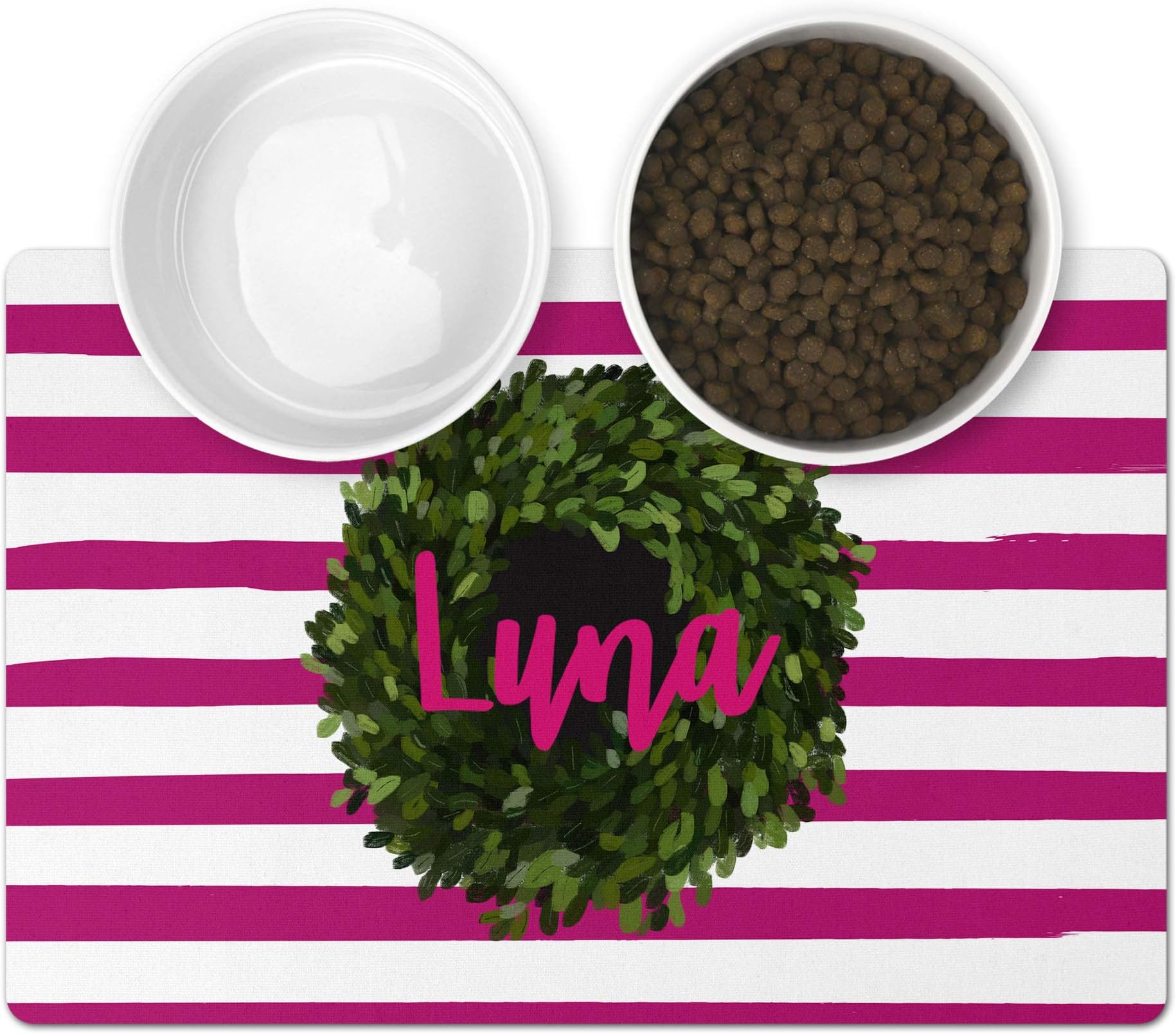 The Navy Knot Personalized Large Pet Mat 12" x 18" | Dog Placemat | Dog Food Mat | Pet Placemat | Pet Food Mat | Personalized Pet Placemat | Fabric Placemat (Hot Pink Stripe Wreath)