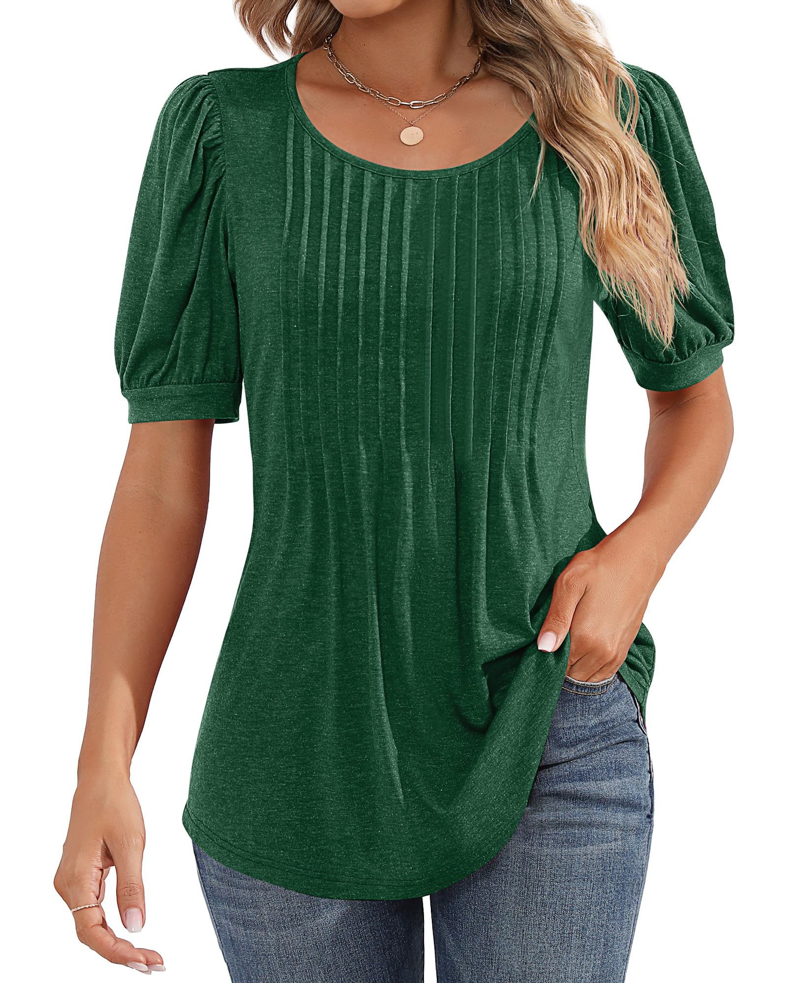 Photo 1 of Ficerd Women's Puff Short Sleeve Tunic Tops Pleated Crew Neck Summer Blouses Dressy Casual Loose T Shirts(Small,Green)