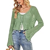 Balimtoy Women Tie Front Cardigan Crochet Sweater Crop Tops Cute Bell Long Sleeve Knit Shrug Beach Vacation Cover Up