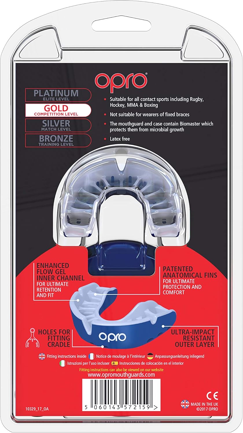OPRO Gold Level Mouthguard + Strap | Gum Shield for Football, Lacrosse, and Other Contact Sports - 18 Month Dental Warranty (Blue, Adult) : Sports & Outdoors