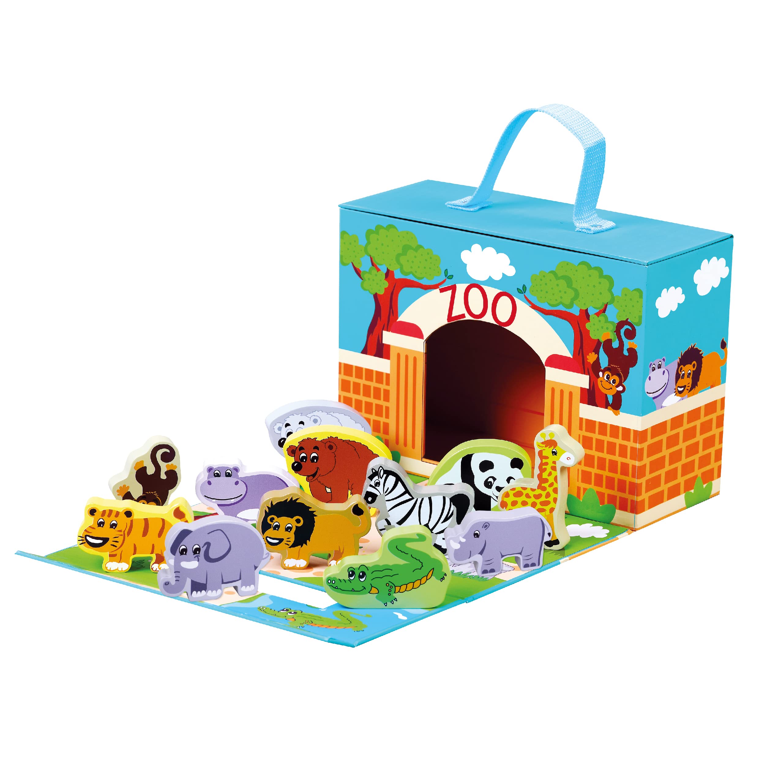 BINO 70613 - Portable Wooden Zoo Playset, 13 pieces, In Practical Cardboard Case With Handle. With Small Wooden Zoo Animals. For Children From 18 Month, Size 42x17x25 cm.