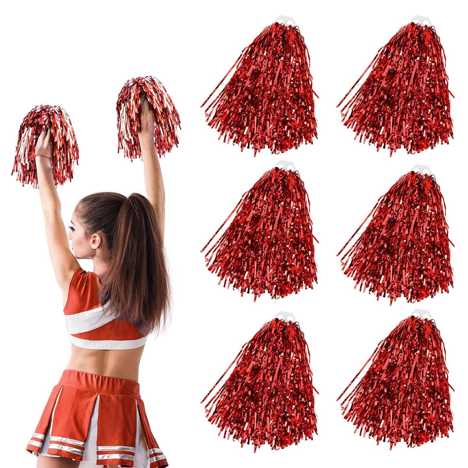 XZSKD 6pcs Pom Poms Cheerleading, Cheerleader Pom Poms, Cheerleading Pom Poms, Large Pom Poms, Metallic Foil Pompoms For Sports Team Spirit Cheering Party Dance(Red)