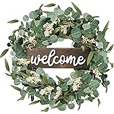 Sggvecsy Green Eucalyptus Wreath with Welcome Sign 20in Artificial Spring Summer White Berries for Front Door Wall Window Festival Farmhouse Porch Patio Garden Decor, White,green