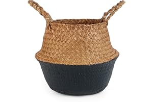 BlueMake Woven Seagrass Belly Basket for Storage, Laundry, Picnic, Plant Pot Cover, and Grocery and Toy Storage (Small, Black)