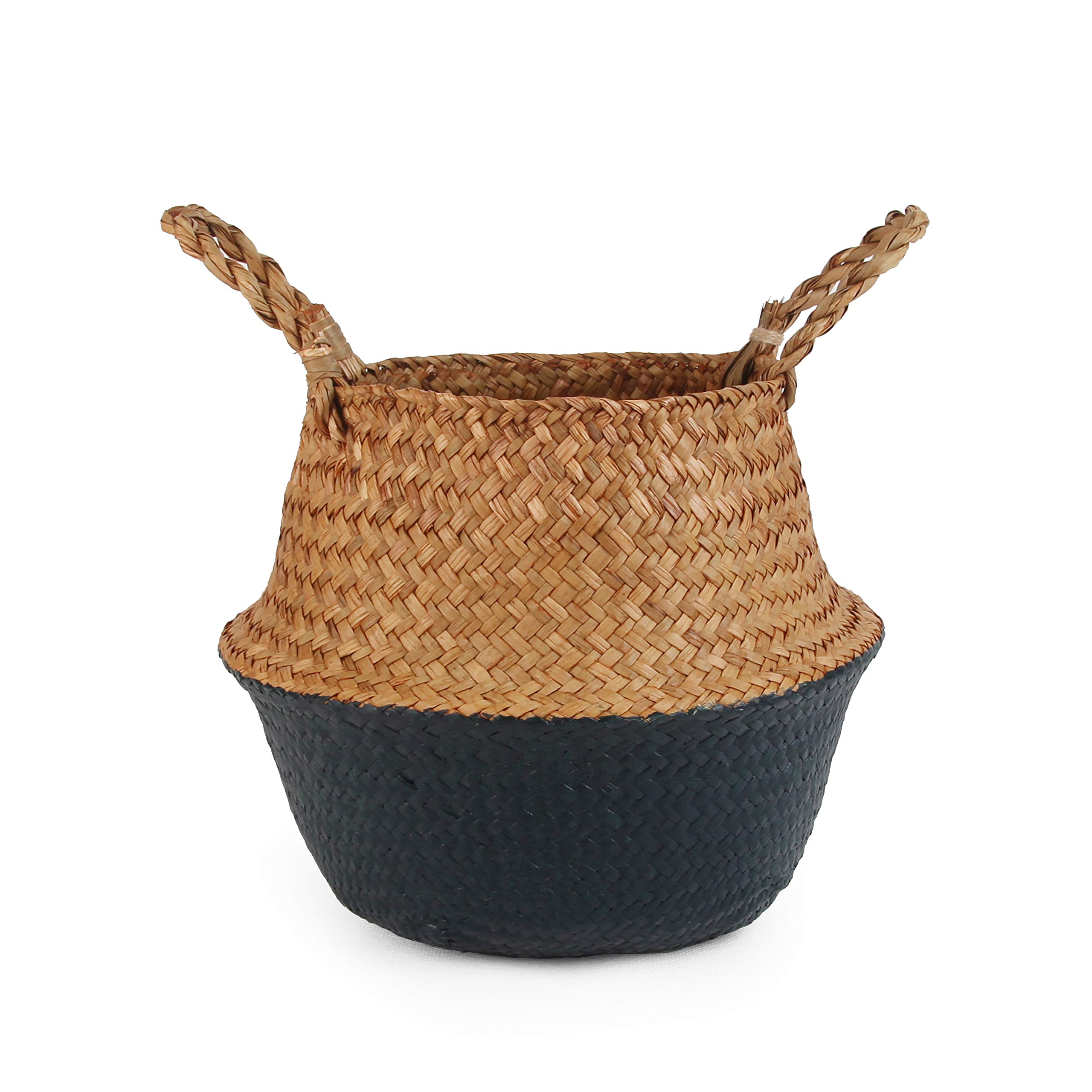 BlueMake Woven Seagrass Belly Basket for Storage, Laundry, Picnic, Plant Pot Cover, and Grocery and toy storage (Black, Small)