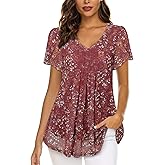 VALOLIA Womens Tops Short Sleeve Shirts Casual V Neck Blouse Double Layers Mesh Tunics Tops