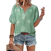 Unixseque Womens Summer Tops V Neck Short Sleeve Blouses Casual Button Down Shirts Floral Boho Clothing Trendy 2025