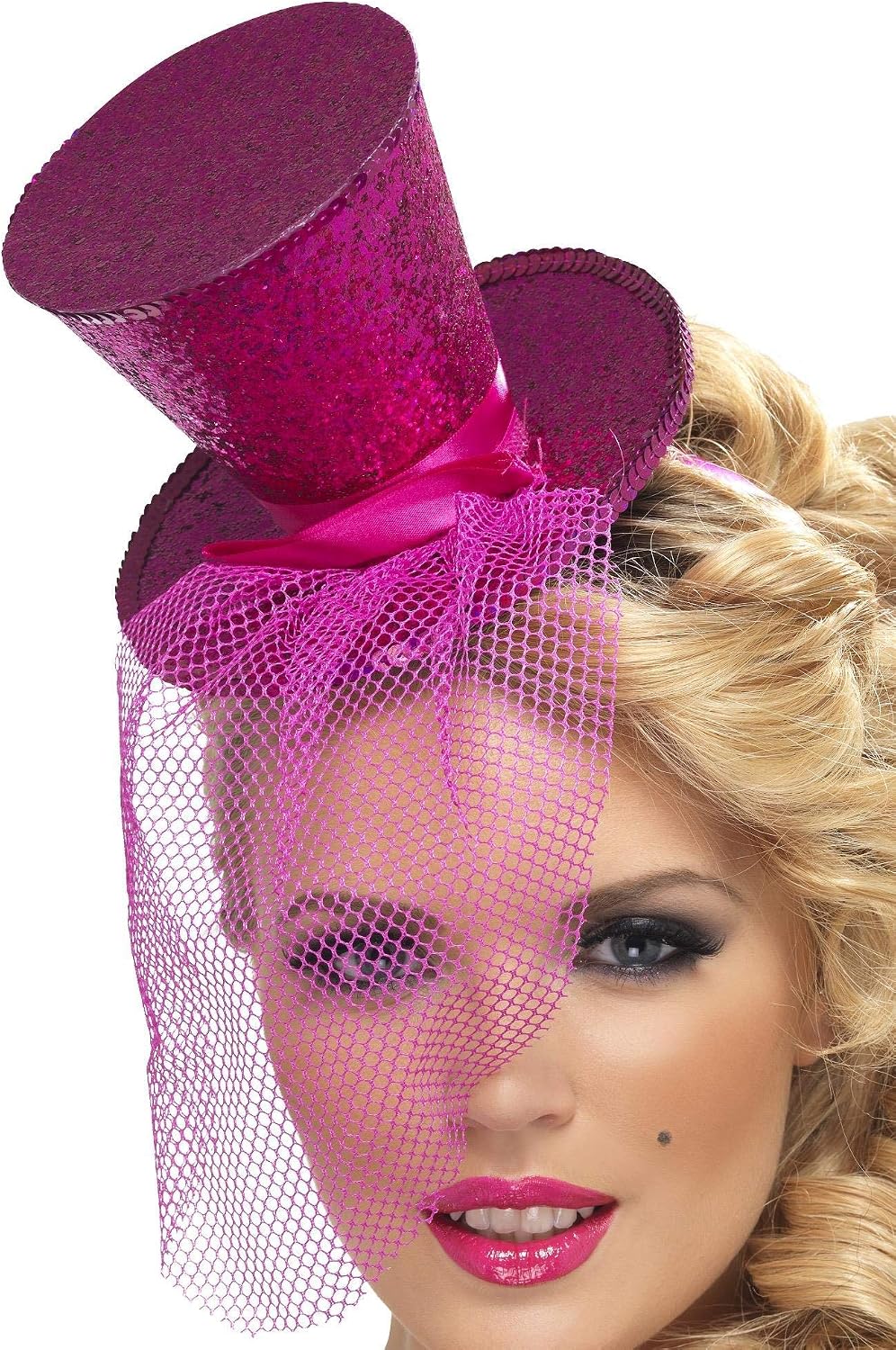 Smiffys Fever Mini Top Hat on Headband, Hot Pink with Detachable Netting, Fever Accessories Fancy Dress, Fever Dress Up Hats Halloween