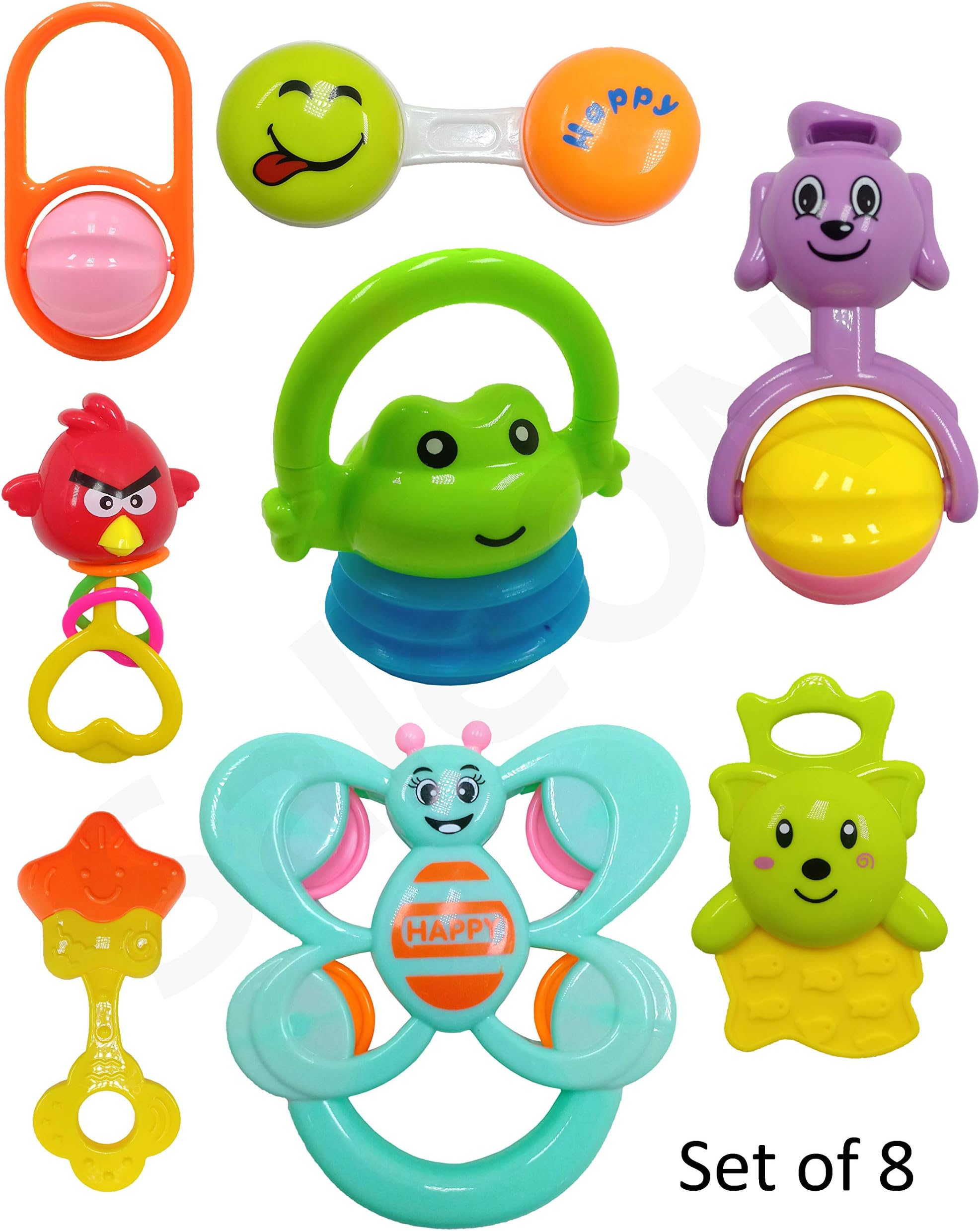 SaleON 8pcs Baby Toy Delicate Appease Toy Rattle Bell and Teether Cartoon Toy Plastic Toy Educational Toy for Baby Toddlers Newborn Colorful (1212)