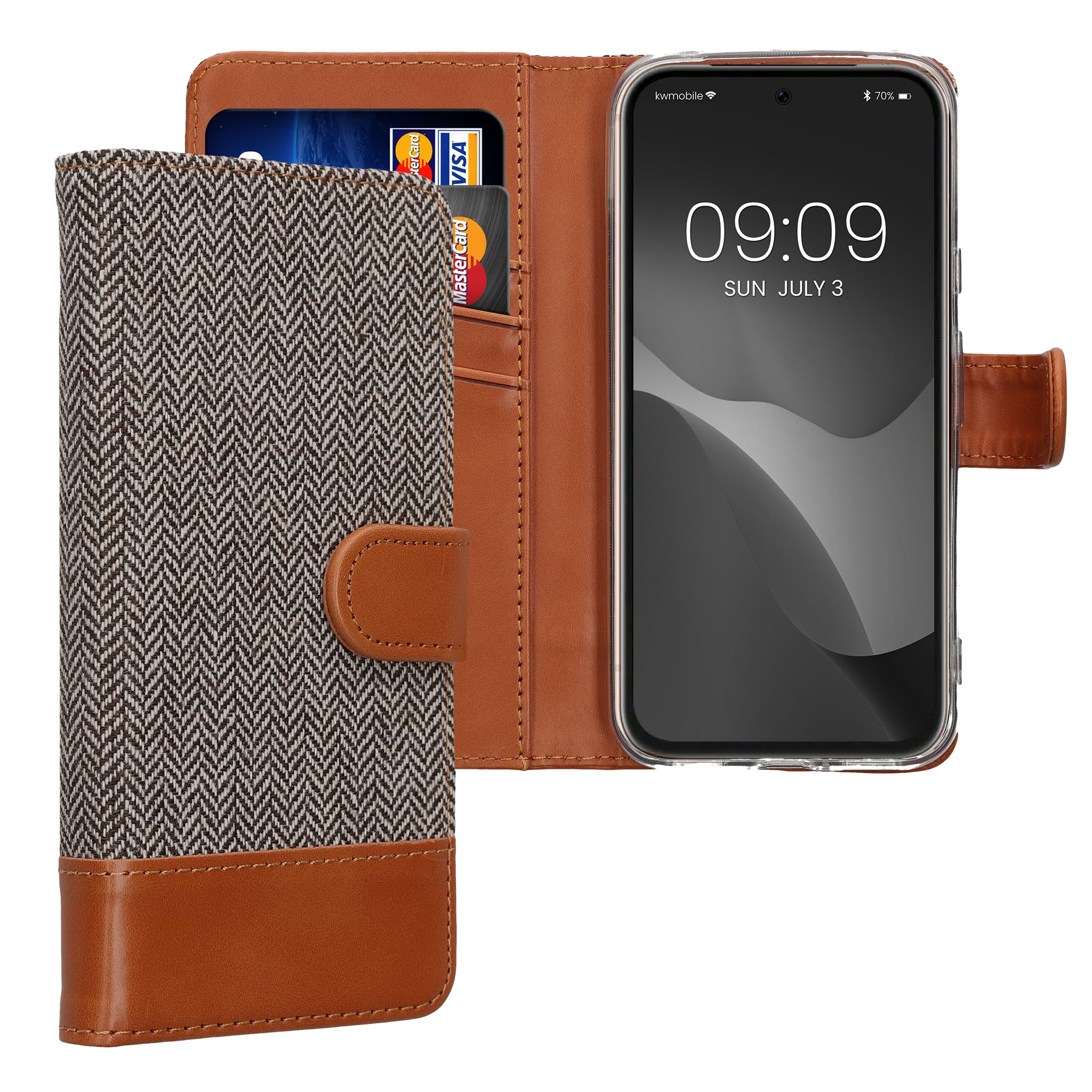 kwmobile Wallet Case Compatible with Google Pixel 8a - Case Fabric and Faux Leather Phone Flip Cover - Light Grey/Brown