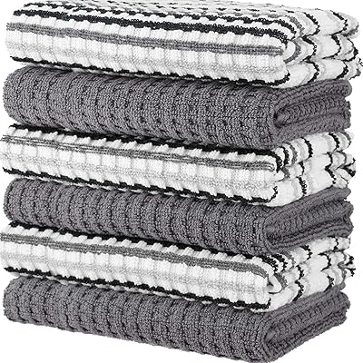 CRAFTSWORTH 100% Cotton Kitchen Towel Set|Stripe Weave|Soft|Absorbent |Quick Drying|Multipurpose|Kitchen Towels and Dishcloths Sets|Tea Towels and Bar Towels|15x26|Pack of 6|Grey Stripes &amp; Solid