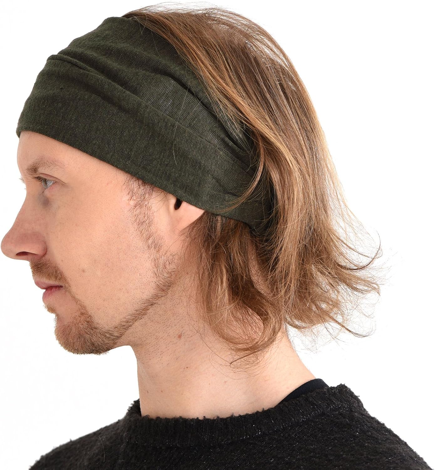 CHARM Summer Linen Bandana Headband - Women Hairband Wide Elastic Head Wrap Men Band Khaki