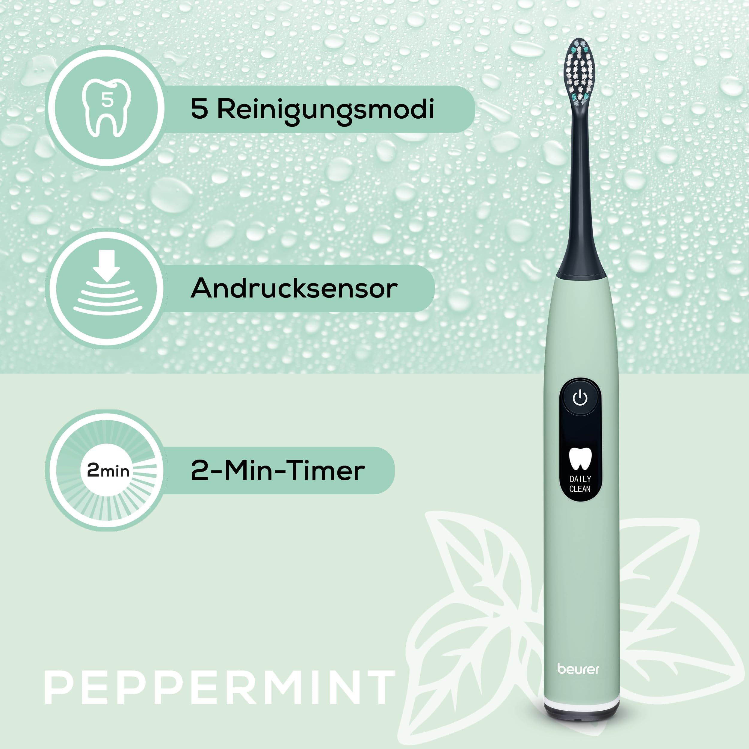 Beurer SC 50 Schallzahnbürste, elektrische Zahnbürste mit 5 Putzmodi & Andrucksensor, 80.000 Schwingungen, Display mit Putzdauer-Anzeige, inkl. 2 Aufsteckbürsten, 100% recyceltes Gehäuse (Peppermint) 3