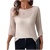 SweatyRocks Women's Sheer Pullover Sweater Loose 3/4 Sleeve Tops Dressy Casual Knit Sweater