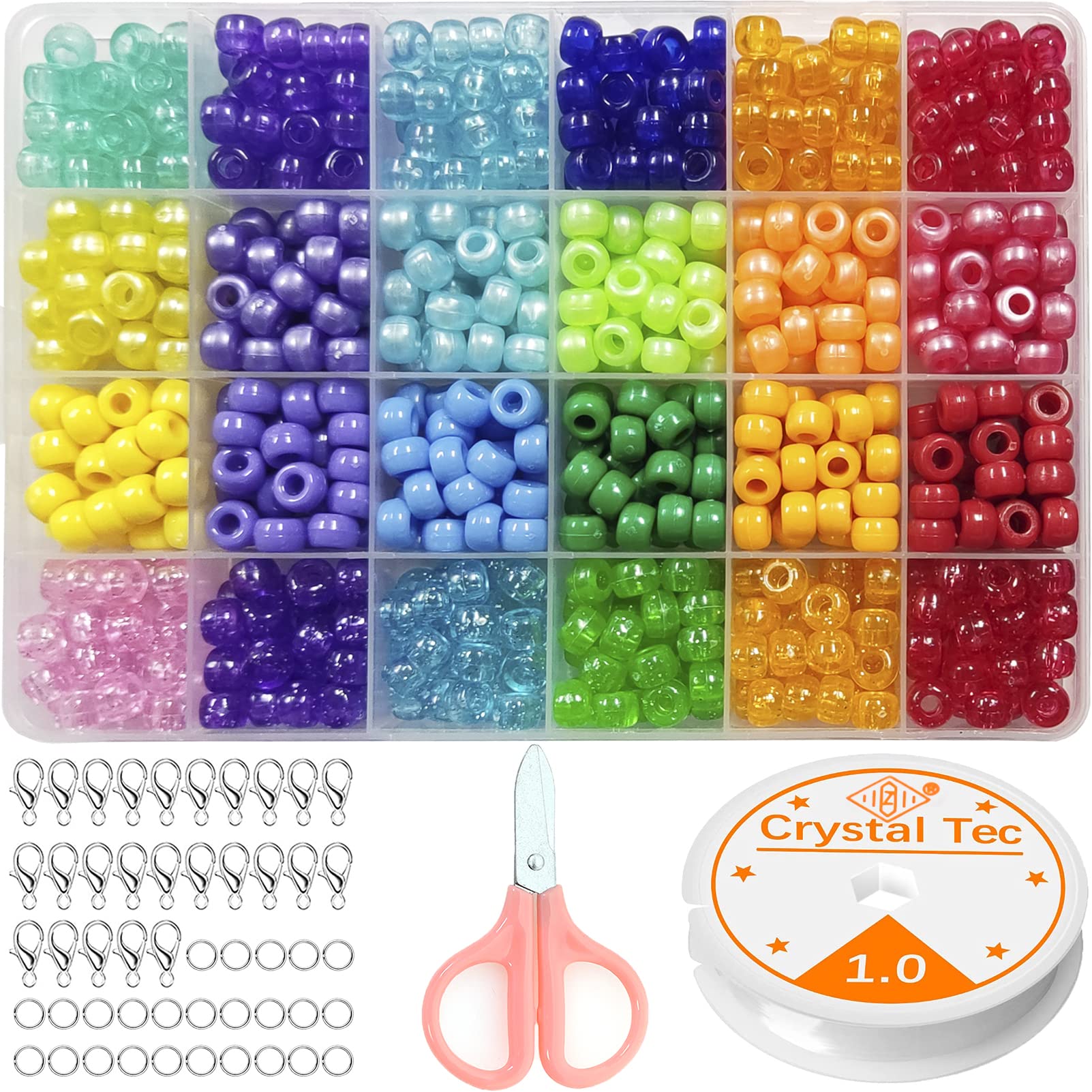 BetterJonny 772Pcs Pony Beads Kit, 24 Colors 9 * 6mm Barrel Beads Plastic Bracelet Beads with Scissors, Strings, Lobster Clasp and Open Rings for Jewelry Making
