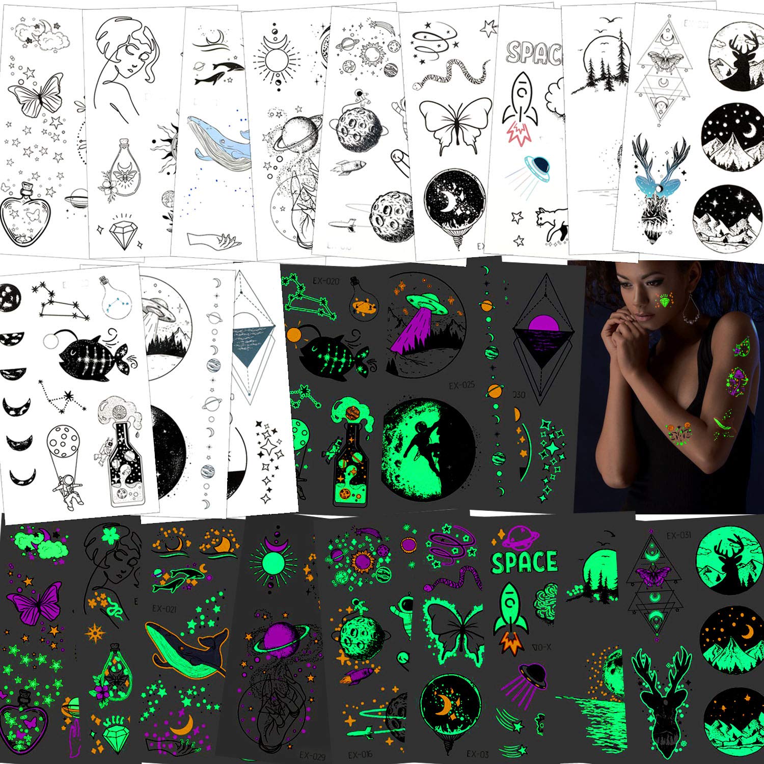 HOWAF Temporary Tattoos for Adults Men Women Kids (12Sheets), Waterproof Animals Geometry Space Star Mountain Glow in Dark Tattoo Stickers Arm Hands Fake Tiny Tattoo