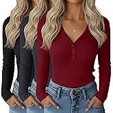 Huukeay 3 Pack Women's Ribbed Henley Long Sleeve Shirts, Button V Neck Tunic Tops Slim Fit Casual Soft Basic Knit Tee Blouse