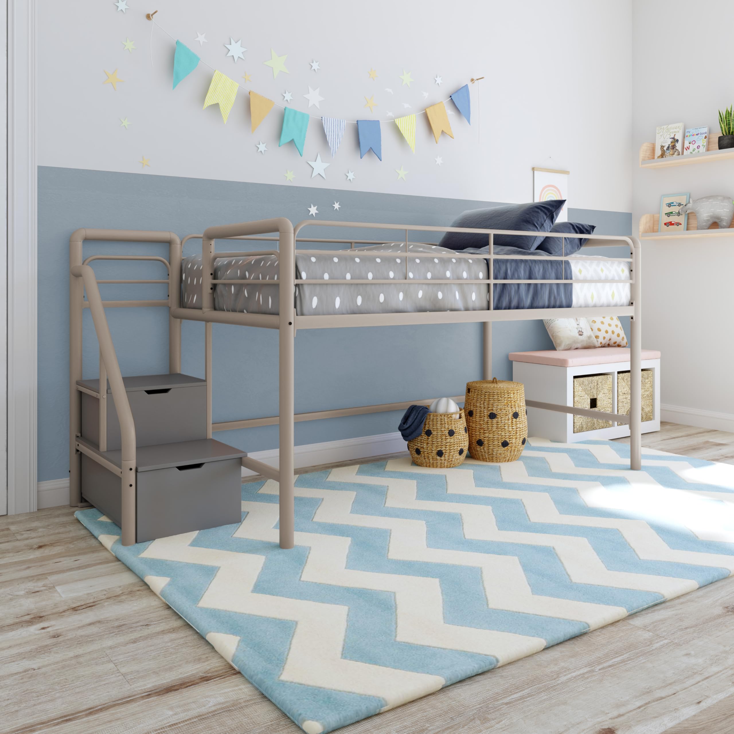 Photo 1 of DHP Junior Twin Metal Loft Bed with Storage Steps, Multifunctional Space-Saving Solution - Silver with Gray Steps