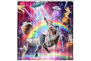 GRTUSPR Funny Cat Shower Curtain for Kids,Cool Cat Riding Dinosaur in Fantasy Galaxy Hilarious Bathtub Curtain, Ridiculous Cats Dino Fight in Funky Outer Space Universe Anime Girls Boys Fabric Restroom Decor