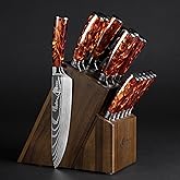 SENKEN 16-Piece Natural Acacia Wood Kitchen Knife Block Set - Japanese Chef's Knife Set with Laser Damascus Pattern, Includes Steak Knives, Kitchen Shears, Santoku, Cleaver & More (Red Resin Handles)
