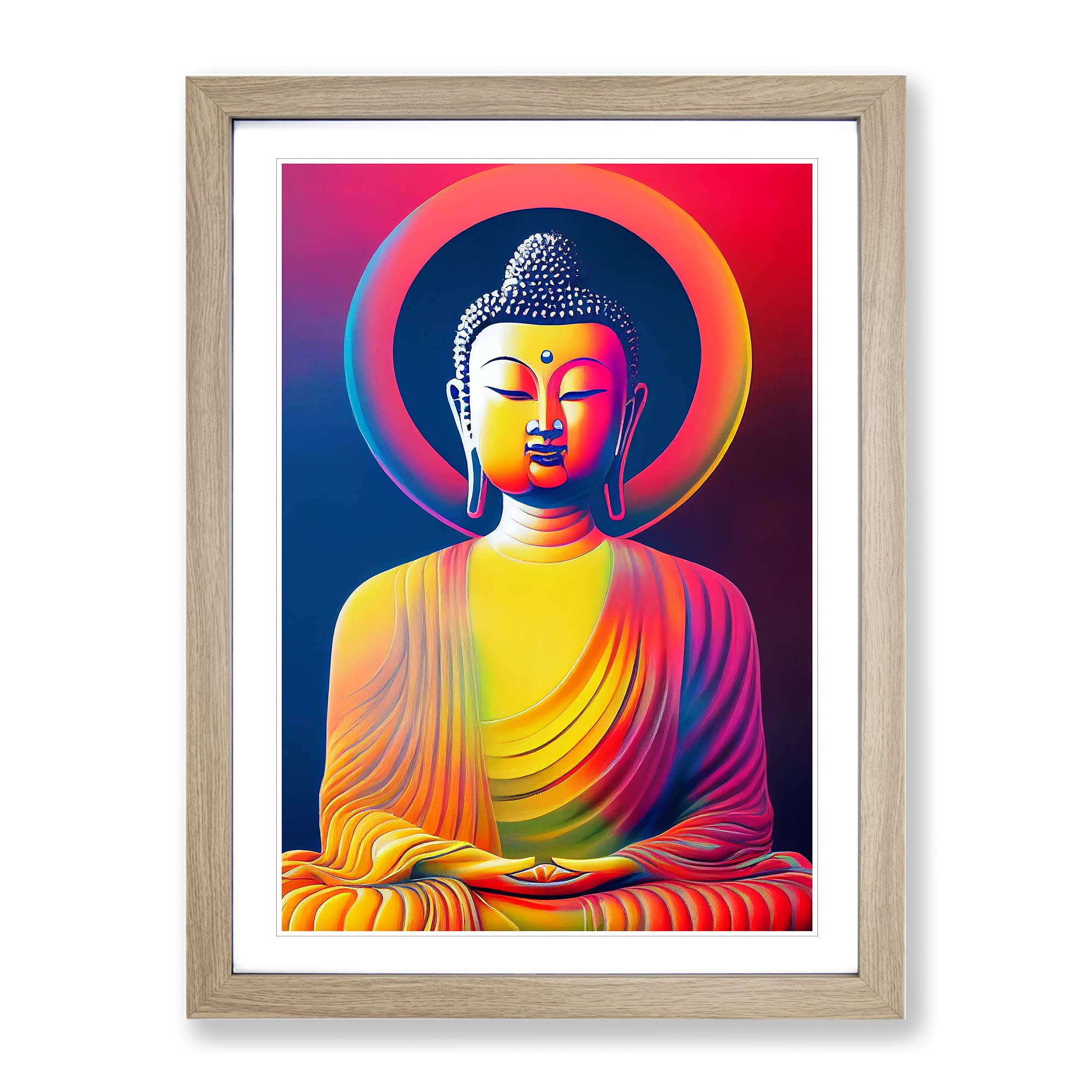 Colourful Buddha No.1 Framed Print | A3 Oak Framed Wall Art | Ready to Hang | Modern Religious Picture | Living Room Bedroom Lounge Office