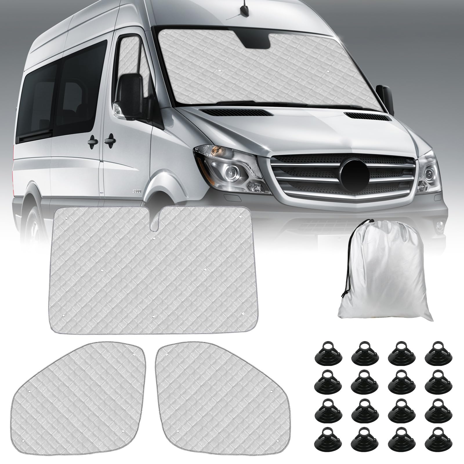 Photo 1 of Federedevo Sprinter Sun Shade 2019-2023 | 3-Piece Van Window Covers with Thermal Insulation & UV Protection | Car Window Shades (Front Windshield & Side Covers)