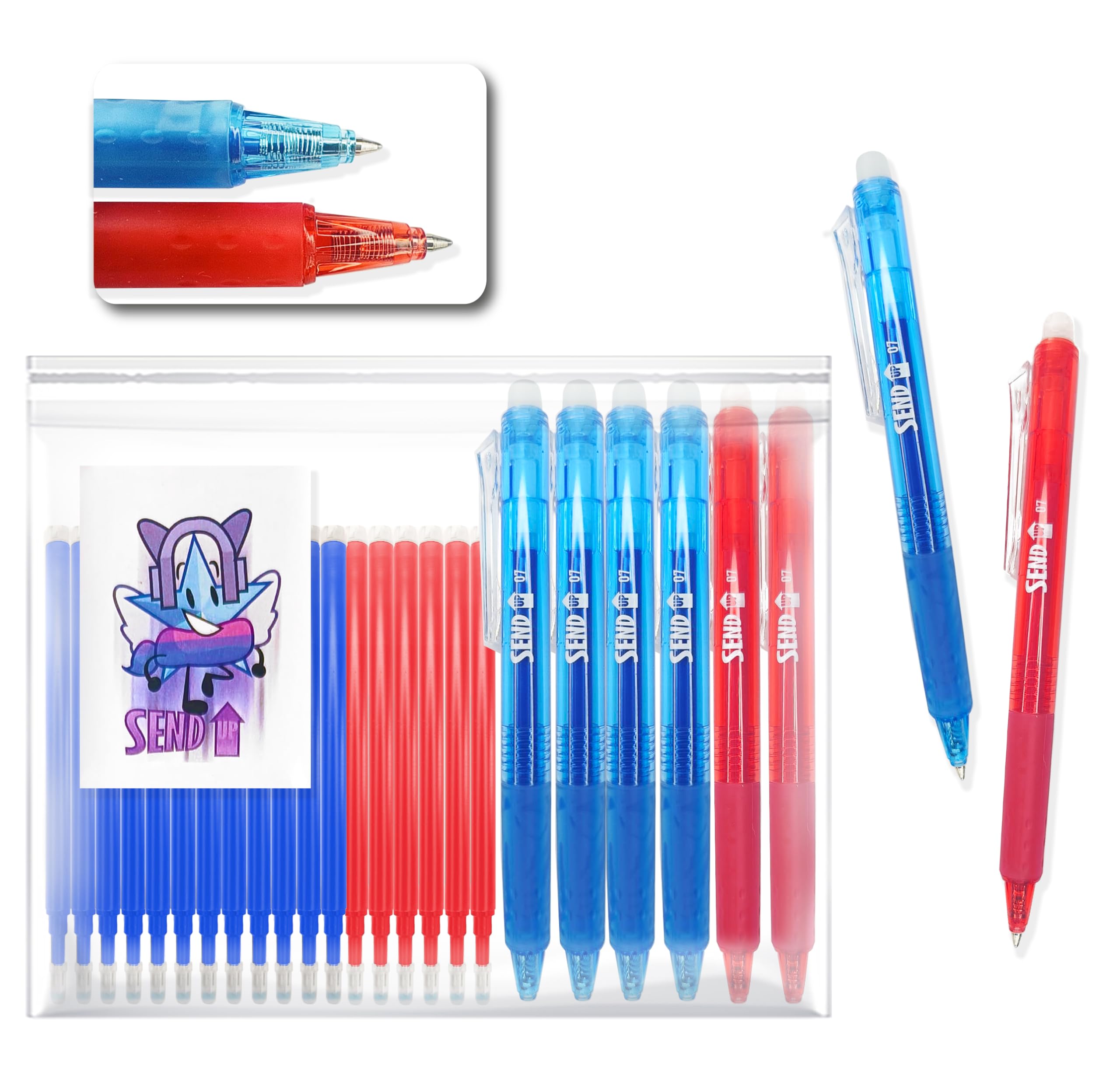 SEND UP New Model High Capacity Erasable Gel Pen 2 RED 4 BLUE & 18 CHARGERS High Capacity (6 Red - 12 Blue) Nib 0.7 Bullet..