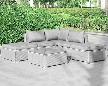 Enjoy Fit Gartenmöbel Rattan Polyrattan Lounge Sitzgruppe Garnitur aus Sessel Sofa Hocker Tisch mit Glas/Modell: Sylt