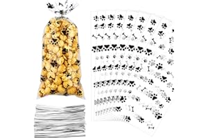 BOEIAC 100 Pieces Paw Print Dog Treat Bags, Dog Print Cellophane Treat Bags, Dog Paw Print Gift Bags, Heat Sealable Candy Bags with 100 Silver Twist Ties for Pet Birthday Party Favor Supplies, Black