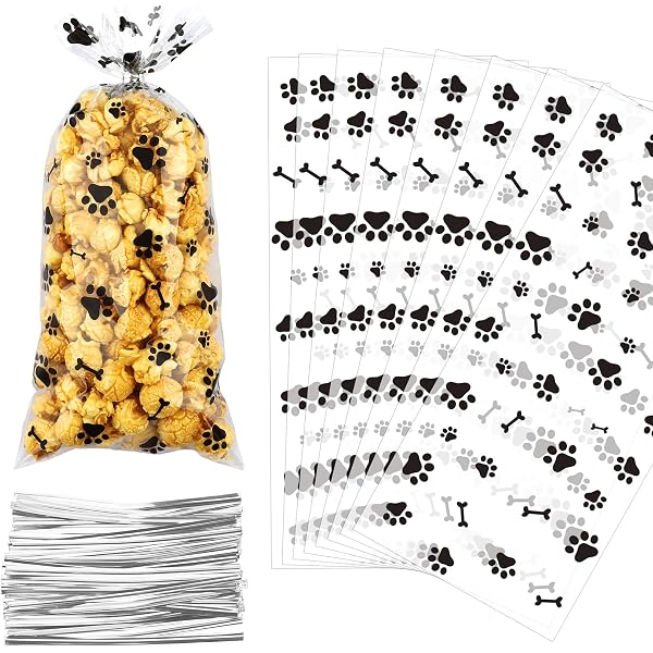 thumbnail image 2 of Boao 100 Pieces Dog Paw Bone Print Treat Bags Puppy Dogs Cellophane Bags Candy Gift Bags With 2 Rolls Ribbon Ties For Pet Treat Party Favor (Dog Pattern Style 2 of 12