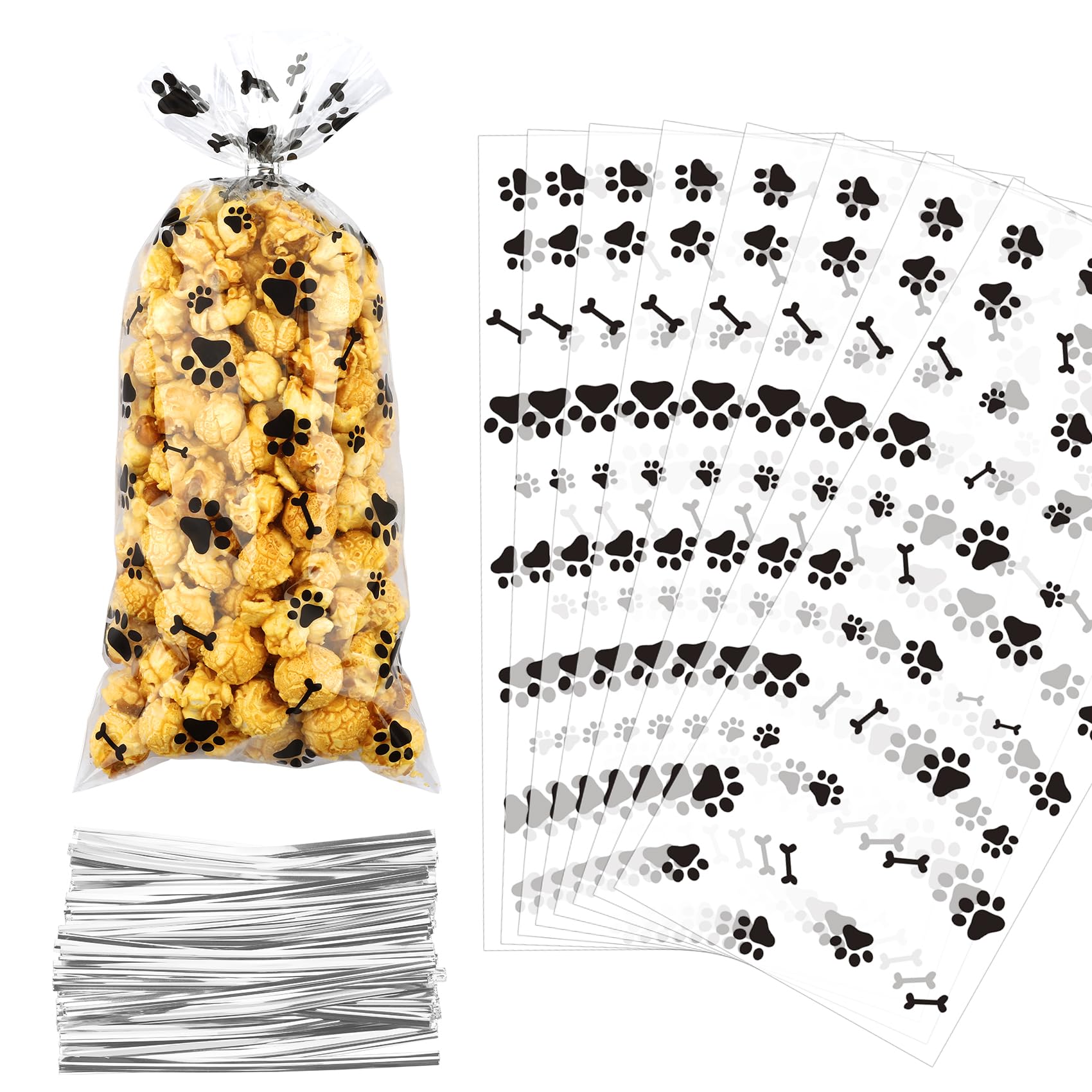 Photo 1 of 100 Paw Print Dog Treat Bags - Heat Sealable Candy Bags with 100 Silver Twist Ties for Pet Birthday Party Favor Supplies, Black