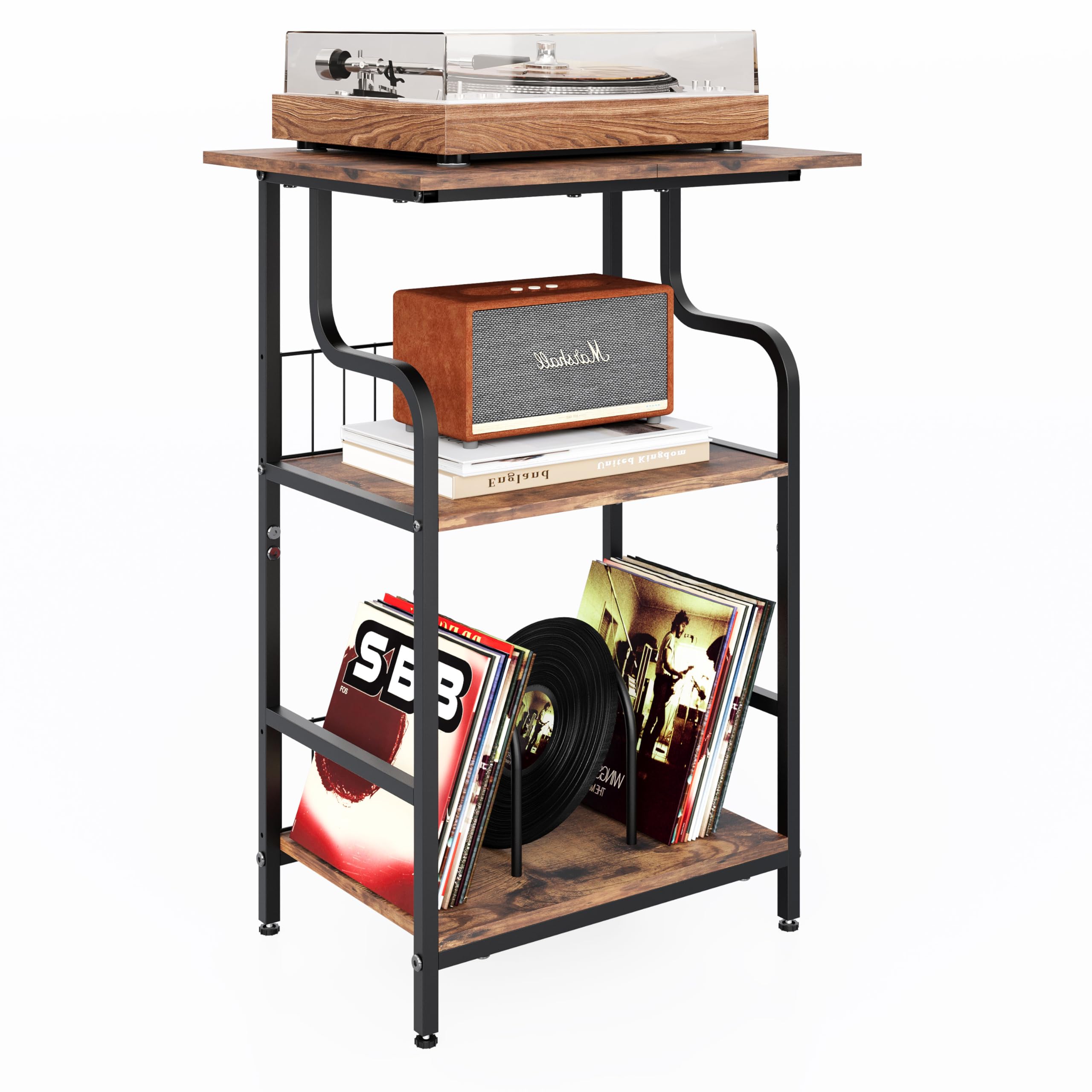 Photo 1 of Record Player Stand, 3-Tier Record Player Table, Vinyl Record Storage with Extra-Large Desktop, Turntable Stand End Table for Vinyl Record, Record Holder for Living Room - Rustic Brown