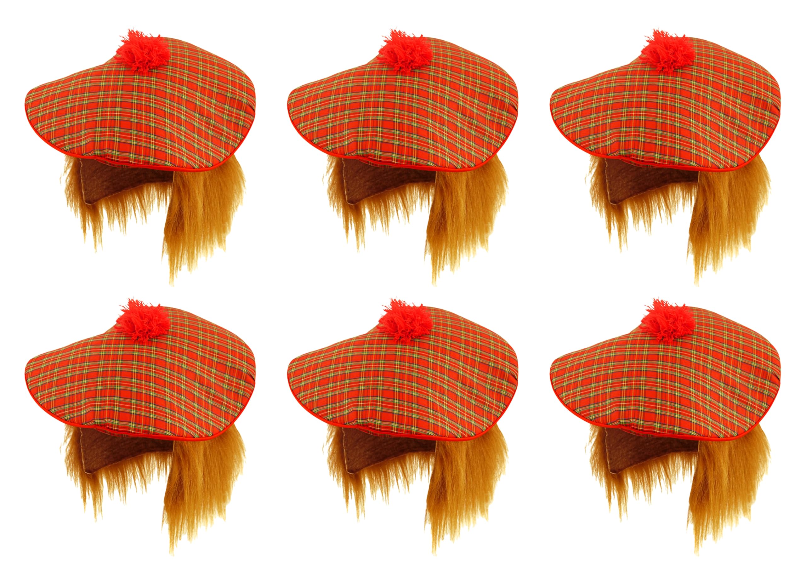 HENBRANDT 6 x Adults Scottish Tartan Tam O' Shanter Hats with Ginger Hair Funny Burns Night Stag Dos Fancy Dress Party Accessory for Men and Women