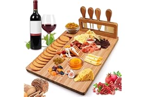 Widousy Bamboo Cheese Board Set, Cheese Tray, Charcuterie Board and Serving Meat Platter with 4 Stainless Steel Cheese Knives