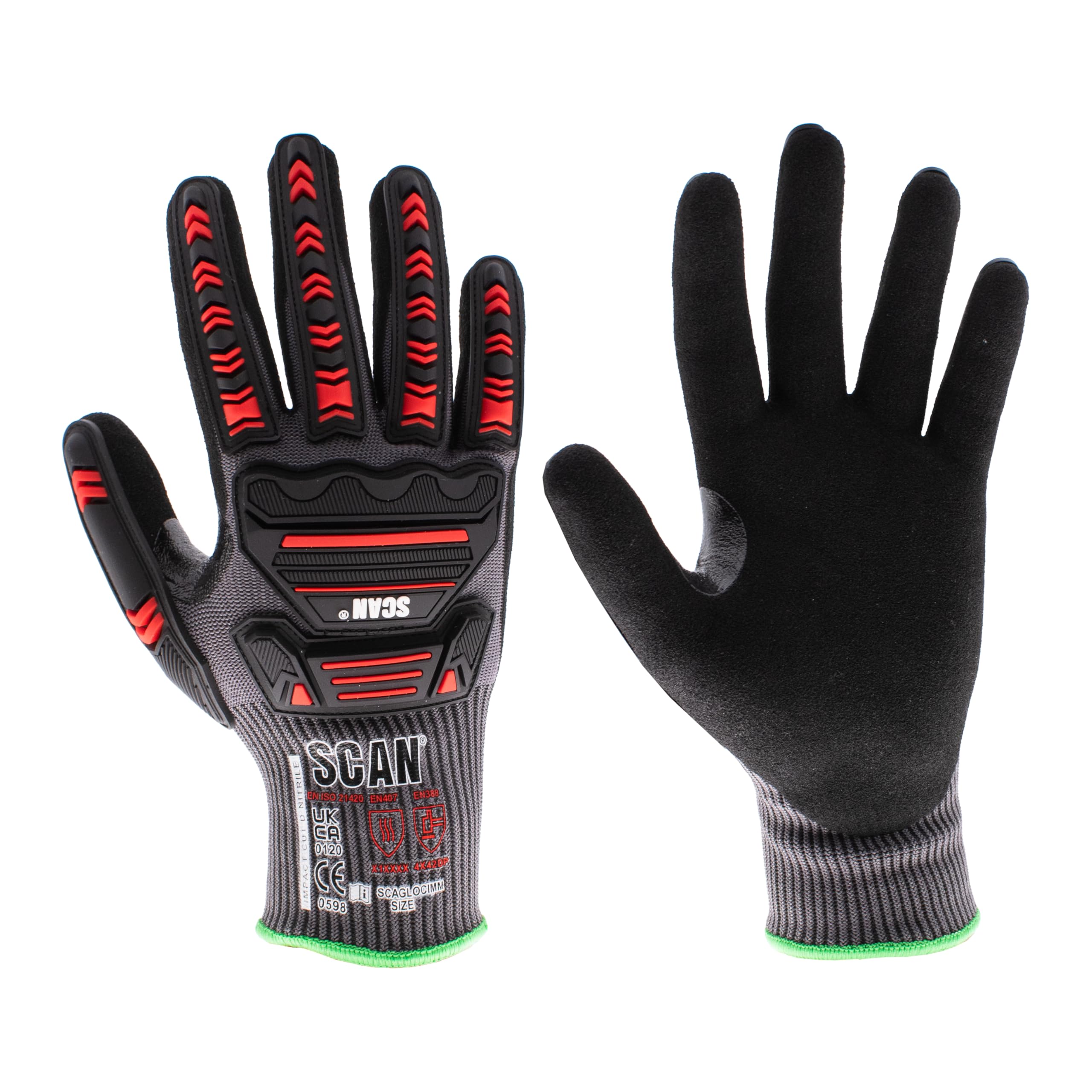 Scan Impact Cut Resistant Level D Gloves, Nitrile Palm, Enhanced Grip, Conforms to EN 407 and EN 388, Size XL