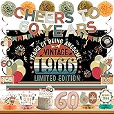60th Birthday Decorations for Men Women, Vintage Back in 1966 Happy 60th Birthday Banner Backdrop Balloons Honeycomb Centerpiece Hanging Swirl Paper Pompoms Cheers to 60 Years Party Supplies