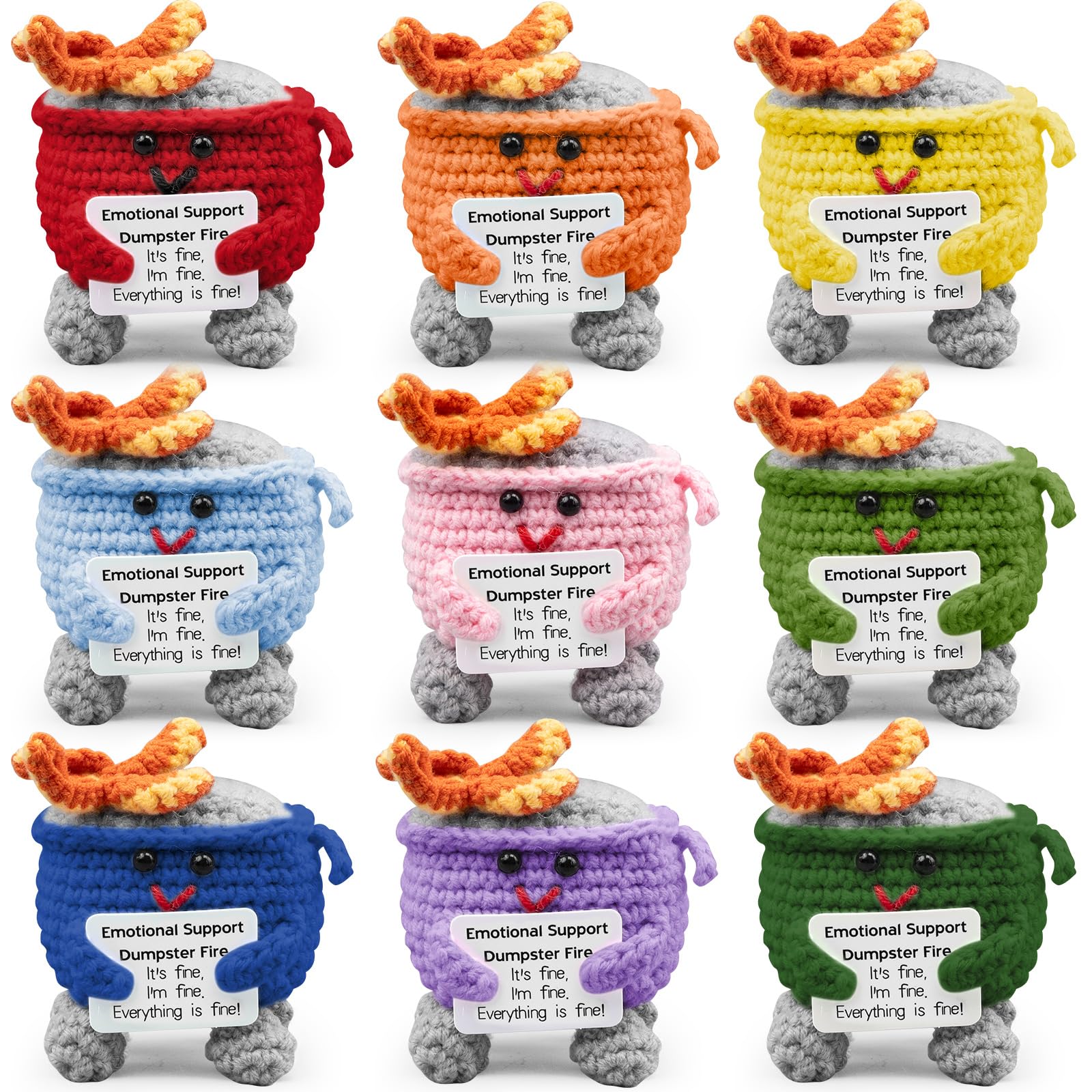Malloom 9 Pcs Emotional Support Dumpster Fire - Positive Crochet Christmas Birthday Gifts for Women Men Coworker Friend, Handmade Knitting Thanksgiving Basket Dumpster Home Office Accessories Decor